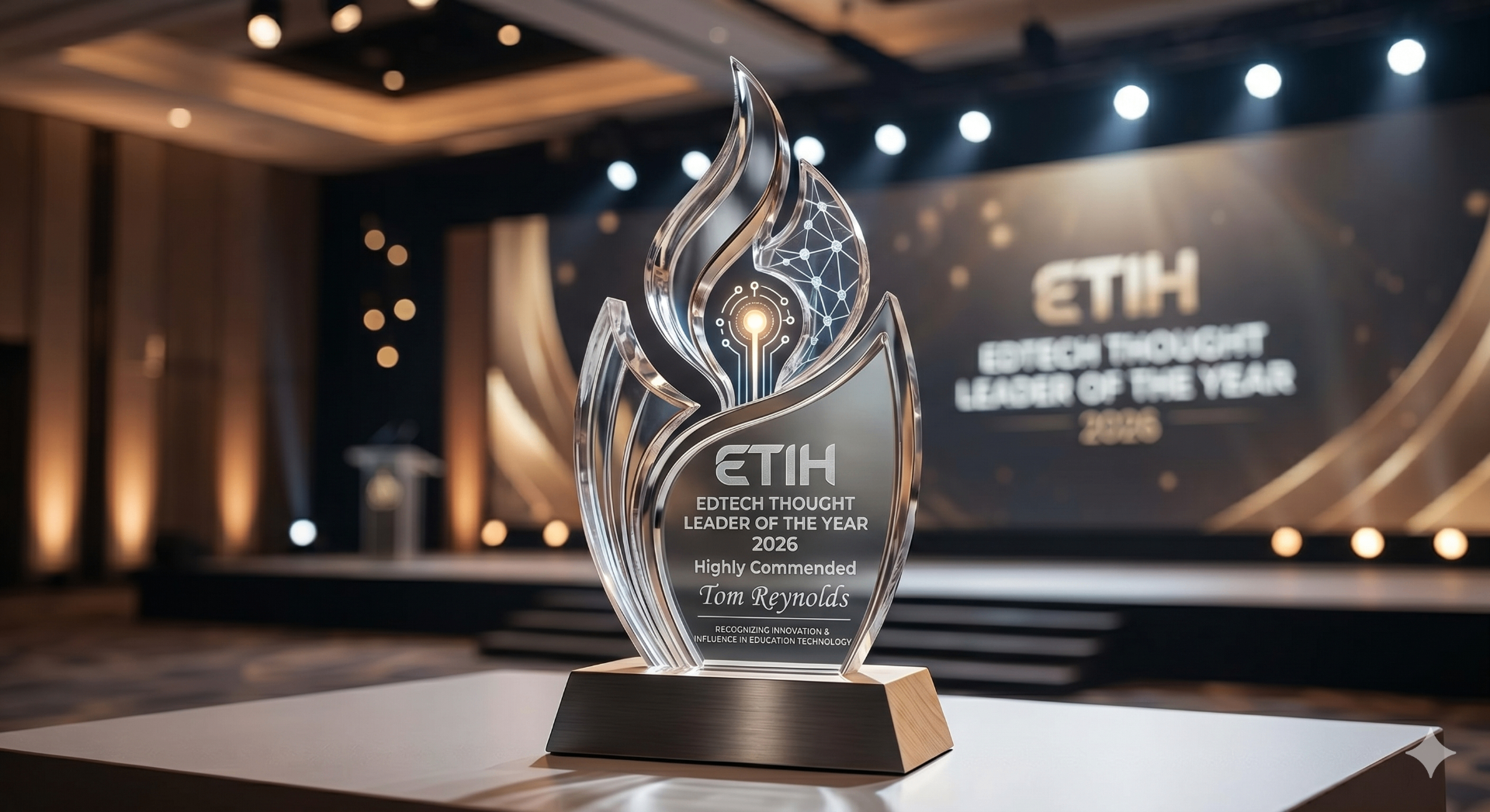 ETIH EdTech Thought Leader of the Year 2026 Highly Commended trophy for Tom Reynolds displayed on stage at an awards ceremony.