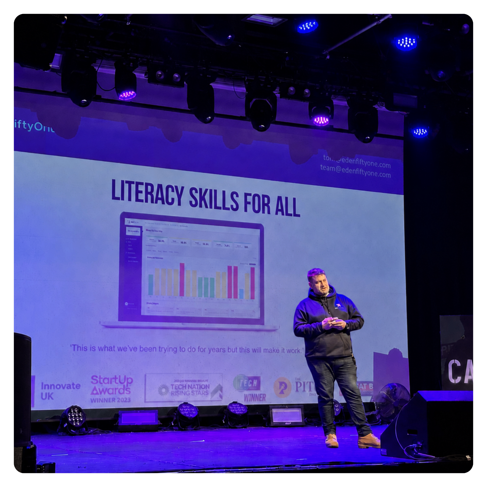 Tom presenting EdenFiftyOne on stage